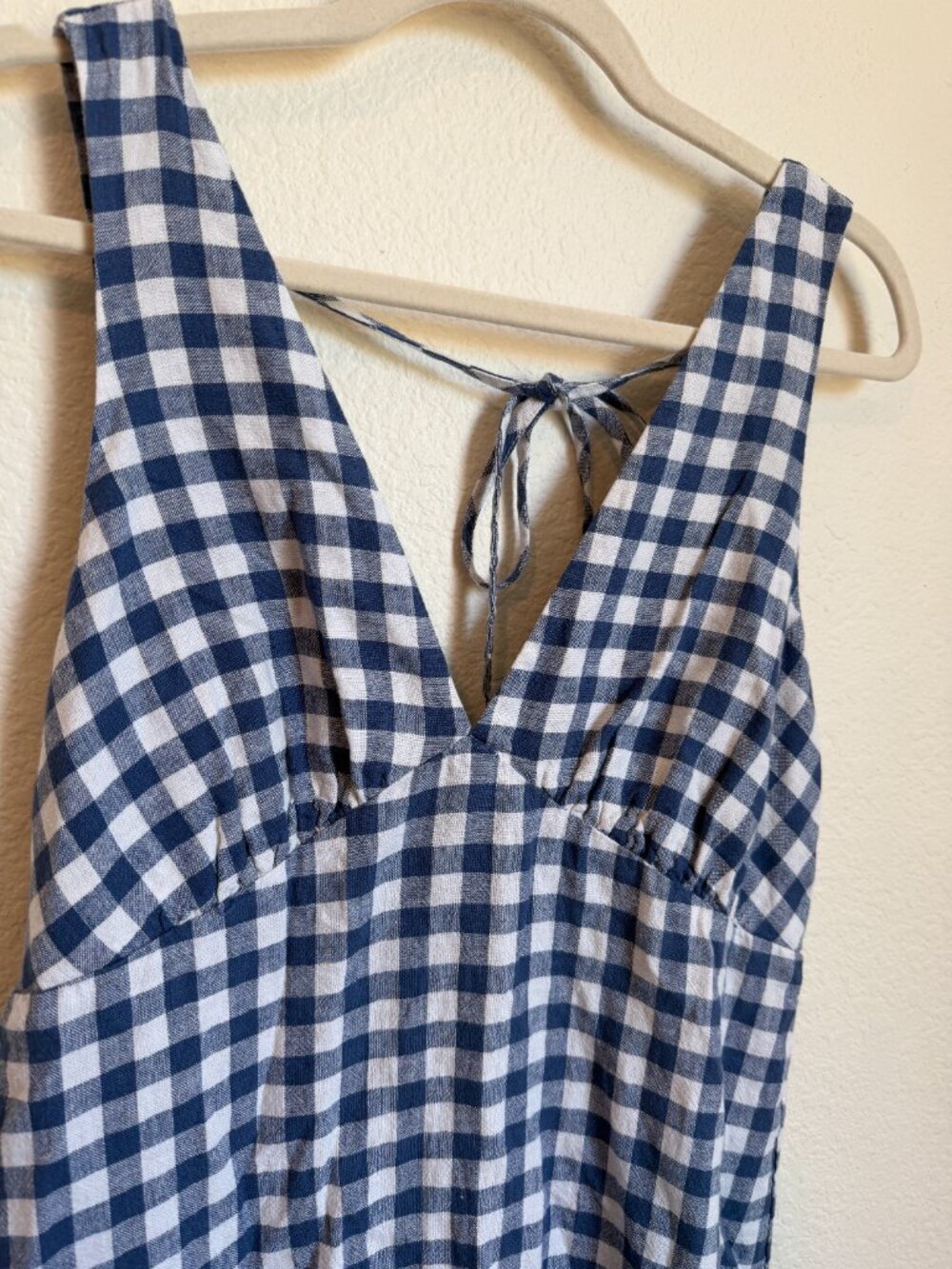 Old Navy Blue Gingham Linen Blend V-Neck Midi Dress Medium - Picture 4 of 9